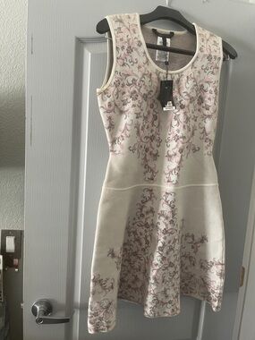 BCBGMaxAzria Cream Midi Dress with Pink Floral Scrolls